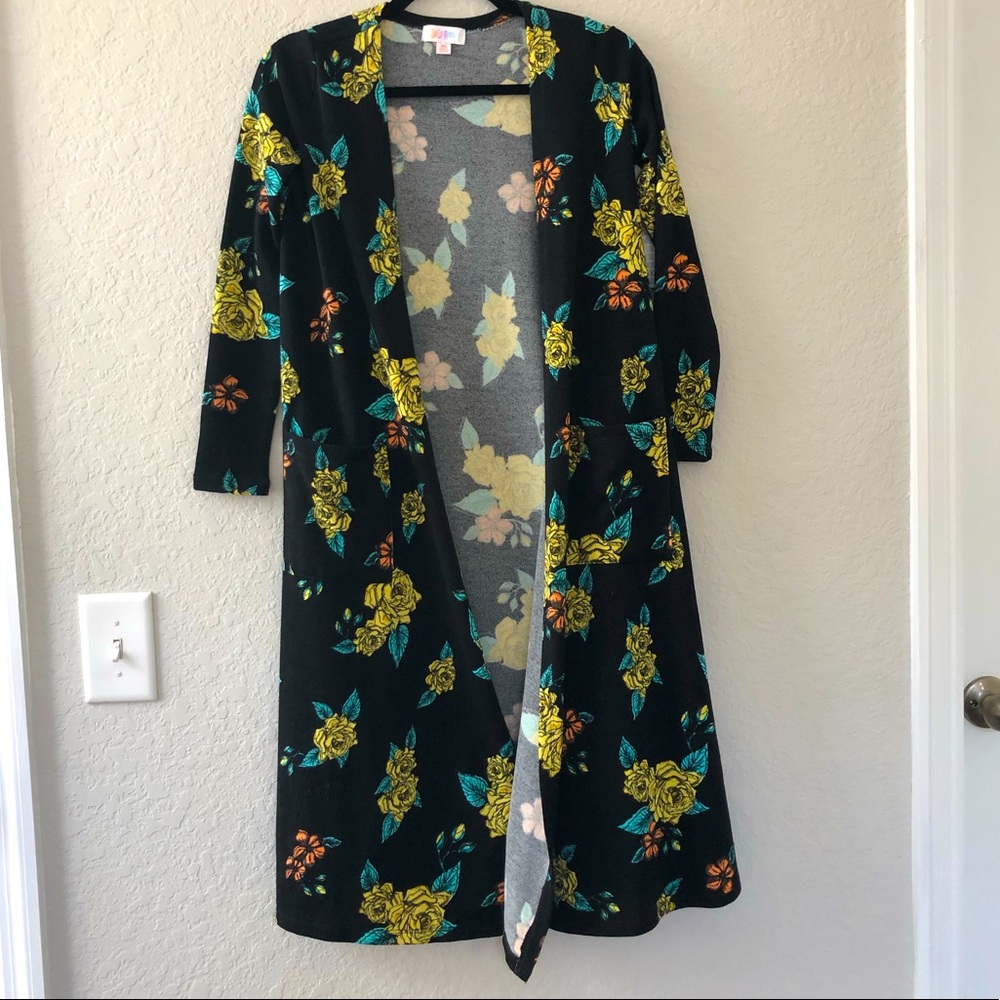Lularoe Sarah Cardigan Duster XS Black with yellow and orange pastel flowers